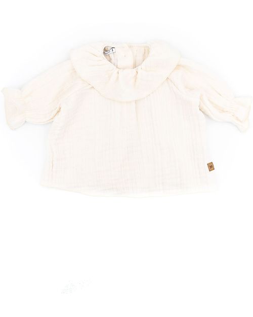 Bamboom Blusa con Ampio Volant - Bianco - Cotone e Bambù Certificato Oeko-Tex Bluse