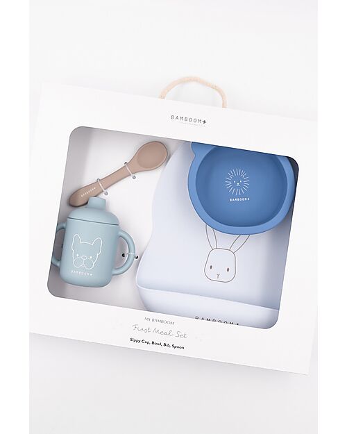 Bamboom Set Pappa Baby - Bavaglino + Scodella + Cucchiaio + Bicchiere con Beccuccio - Blu - Silicone Antibatterico Set Pappa