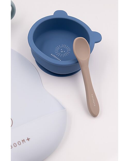 Bamboom Set Pappa Baby - Bavaglino + Scodella + Cucchiaio + Bicchiere con Beccuccio - Blu - Silicone Antibatterico Set Pappa