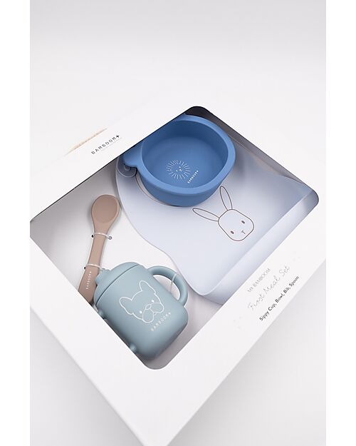 Bamboom Set Pappa Baby - Bavaglino + Scodella + Cucchiaio + Bicchiere con Beccuccio - Blu - Silicone Antibatterico Set Pappa