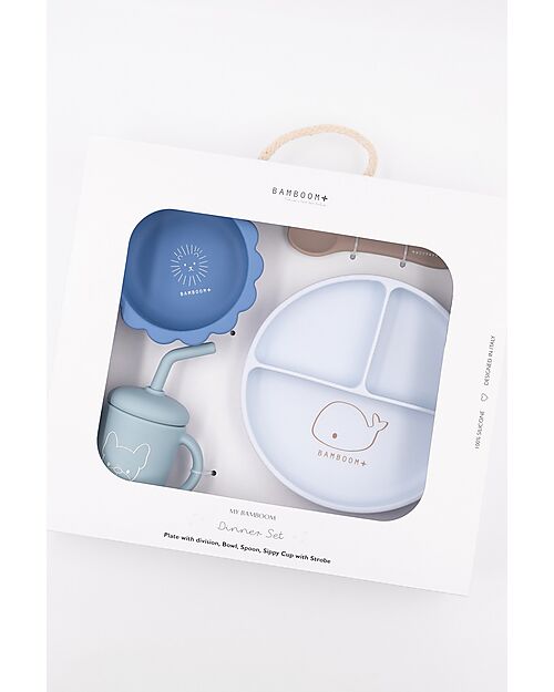 Bamboom Set Pappa Bimbo - Piatto + Scodella + Cucchiaio + Bicchiere - Blu - Silicone Antibatterico Set Pappa