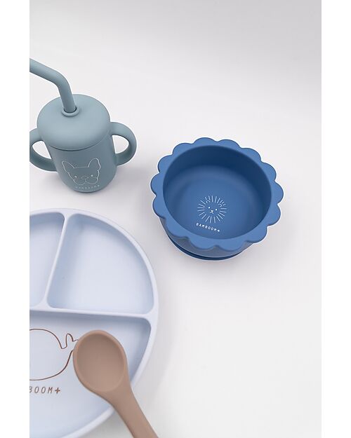 Bamboom Set Pappa Bimbo - Piatto + Scodella + Cucchiaio + Bicchiere - Blu - Silicone Antibatterico Set Pappa