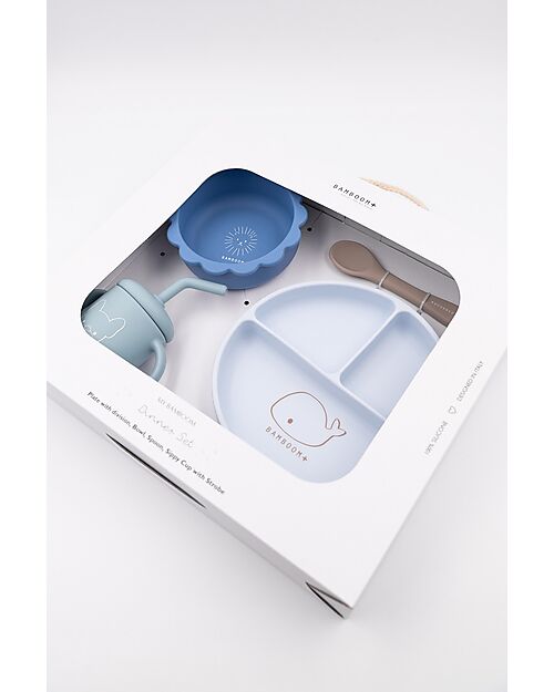 Bamboom Set Pappa Bimbo - Piatto + Scodella + Cucchiaio + Bicchiere - Blu - Silicone Antibatterico Set Pappa