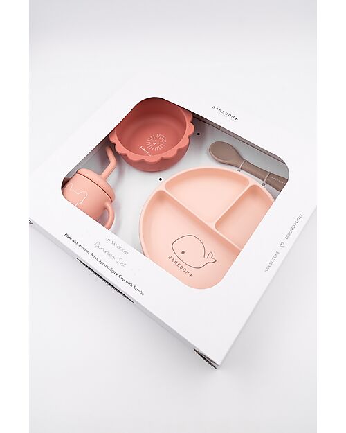 Bamboom Set Pappa Bimbo - Piatto + Scodella + Cucchiaio + Bicchiere - Rosa - Silicone Antibatterico Set Pappa