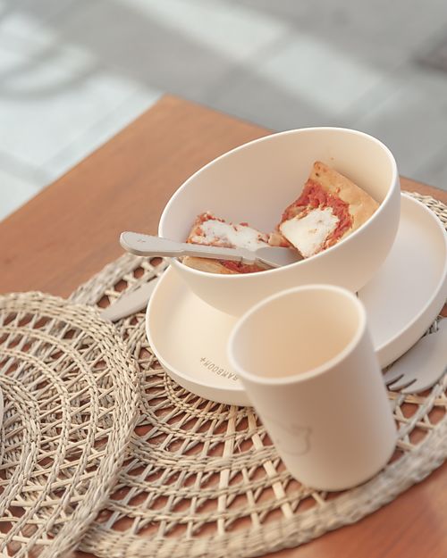 Bamboom Set Pappa - Piatto + Scodella + Bicchiere + Posate - Crema - Balena - 100% Biodegradabile Set Pappa