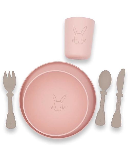 Bamboom Set Pappa - Piatto + Scodella + Bicchiere + Posate - Rosa - Coniglio - 100% Biodegradabile Set Pappa