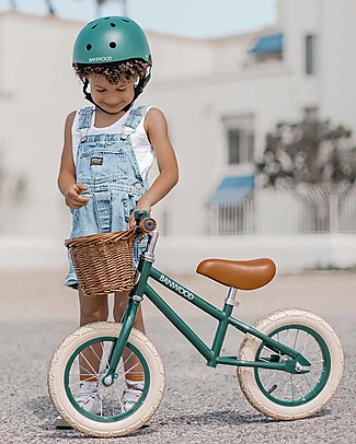Banwood Bicicletta Senza Pedali First Go + Casco Classico per Biciclette Per Bambine - Verde Scuro - da 3 a 5 anni! Biciclette Senza Pedali