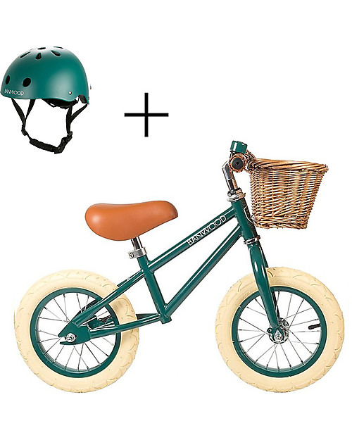 Banwood Bicicletta Senza Pedali First Go + Casco Classico per Biciclette Per Bambini - Verde Scuro - da 3 a 5 anni! Biciclette senza Pedali
