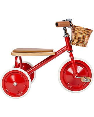 Banwood OUTLET - Triciclo Legno ed Ecopelle con Cestino e Maniglione Removibile - Rosso - Dai 2 anni - Pezzo di Showroom Tricicli