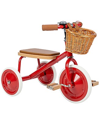 Banwood OUTLET - Triciclo Legno ed Ecopelle con Cestino e Maniglione Removibile - Rosso - Dai 2 anni - Pezzo di Showroom Tricicli