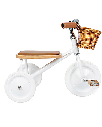 Banwood Triciclo Legno ed Ecopelle con Cestino e Maniglione Removibile - Bianco - Dai 2 anni Biciclette