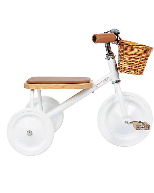 Banwood Triciclo Legno ed Ecopelle con Cestino e Maniglione Removibile -  Bianco - Dai 2 anni unisex (bambini)