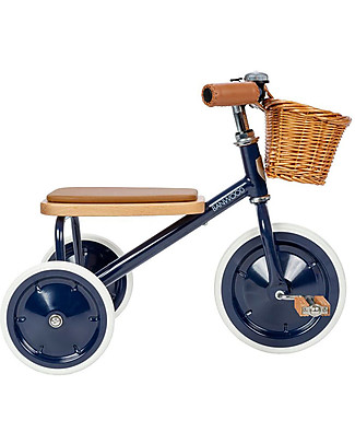 Banwood Triciclo Legno ed Ecopelle con Cestino e Maniglione Removibile - Blu - Dai 2 anni Tricicli