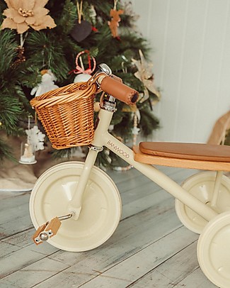 Banwood Triciclo Legno ed Ecopelle con Cestino e Maniglione Removibile - Panna - Dai 2 anni Biciclette