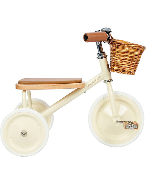Banwood Triciclo Legno ed Ecopelle con Cestino e Maniglione Removibile -  Panna - Dai 2 anni unisex (bambini)