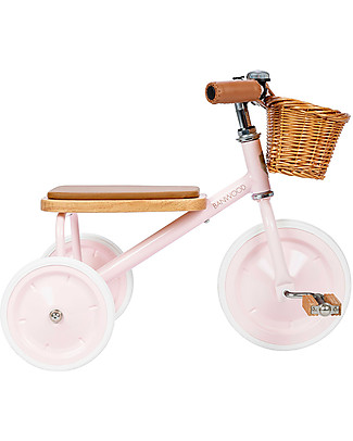Banwood Triciclo Legno ed Ecopelle con Cestino e Maniglione Removibile - Rosa - Dai 2 anni Biciclette