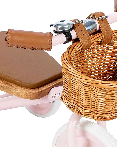 Banwood Triciclo Legno ed Ecopelle con Cestino e Maniglione Removibile -  Rosa - Dai 2 anni bambina