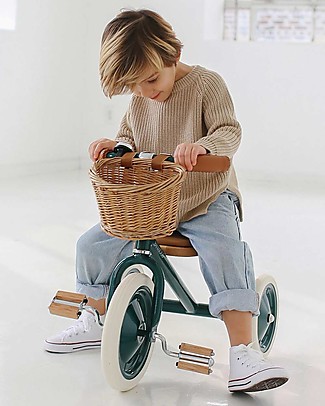 Banwood Triciclo Legno ed Ecopelle con Cestino e Maniglione Removibile - Verde - Dai 2 anni Biciclette