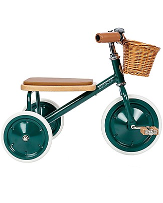 Banwood Triciclo Legno ed Ecopelle con Cestino e Maniglione Removibile - Verde - Dai 2 anni Tricicli