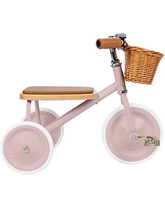 Banwood Triciclo Legno ed Ecopelle con Cestino - Rosa Antico - Dai 2 anni Tricicli