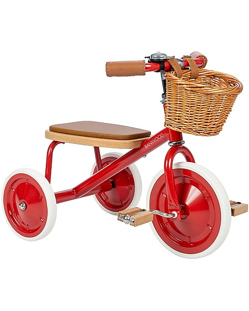 Banwood Triciclo Legno ed Ecopelle con Cestino - Rosso - Dai 2 anni Tricicli