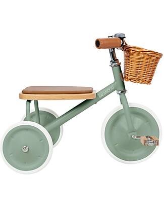 Banwood Triciclo Legno ed Ecopelle con Cestino - Verde Chiaro - Dai 2 anni Tricicli