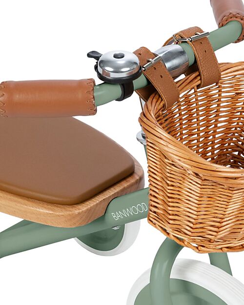 Banwood Triciclo Legno ed Ecopelle con Cestino - Verde Chiaro - Dai 3 anni Tricicli
