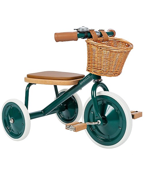 Banwood Triciclo Legno ed Ecopelle con Cestino - Verde - Dai 2 anni Tricicli