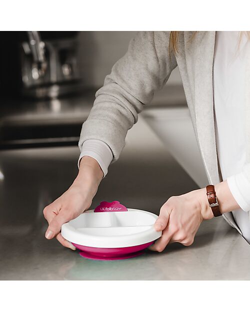 Bblüv Piatto Riscaldante Anti-Scivolo - Bianco e Rosa - Con 3 Scomparti Piatti e Scodelle