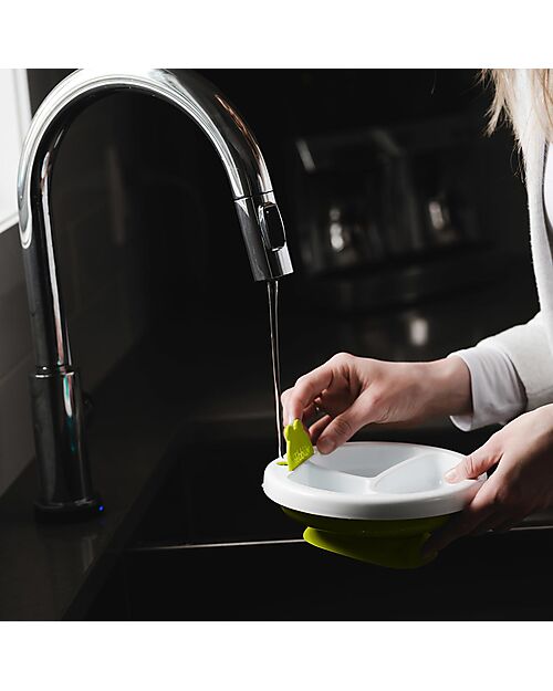 Bblüv Piatto Riscaldante Anti-Scivolo Platö - Bianco e Lime - Con 3 Scomparti Piatti e Scodelle