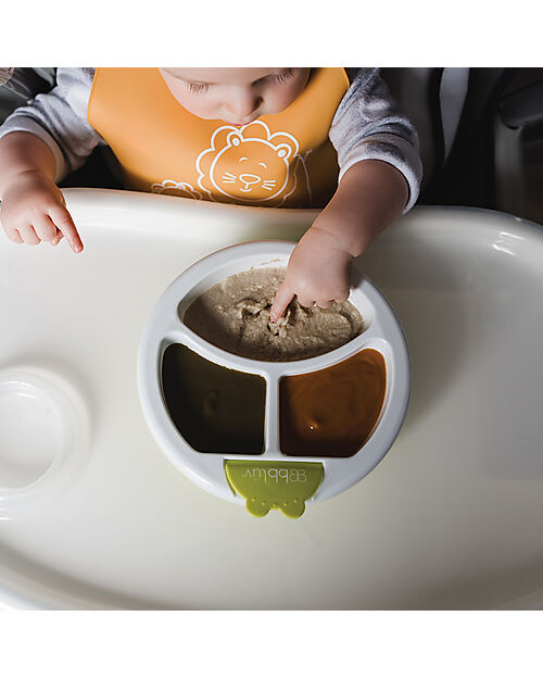 Bblüv Piatto Riscaldante Anti-Scivolo Platö - Bianco e Lime - Con 3 Scomparti Piatti e Scodelle