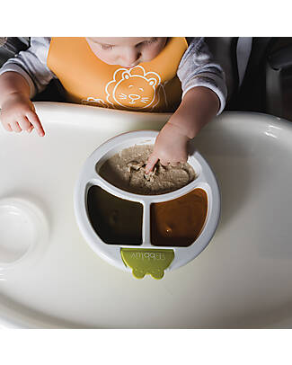 Bblüv Piatto Riscaldante Anti-Scivolo Platö - Bianco e Lime - Con 3 Scomparti Piatti e Scodelle