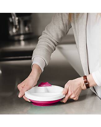 Bblüv Piatto Riscaldante Anti-Scivolo Platö - Bianco e Rosa - Con 3 Scomparti Piatti e Scodelle