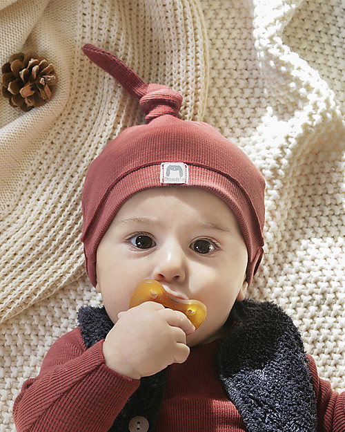 Bean's Barcelona Cappello Neonato a Costine con Nodino Fog, Bordeaux - Cotone bio Cappelli Invernali