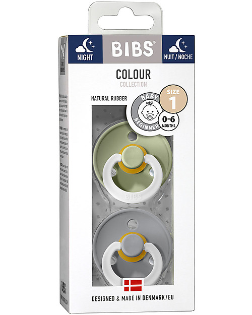 BIBS Ciuccio Colour Glow - Tettarella Ciliegia in Gomma Naturale - Verde Salvia e Cloud - Senza PBA, PVC e Flatati Ciucci