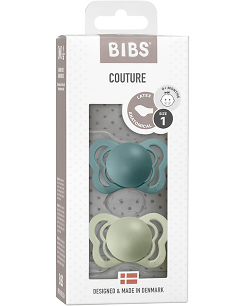 BIBS Ciuccio Couture - Tettarella Anatomica in Gomma Naturale - Island Sea e Verde Salvia - Senza PBA, PVC e Flatati Ciucci