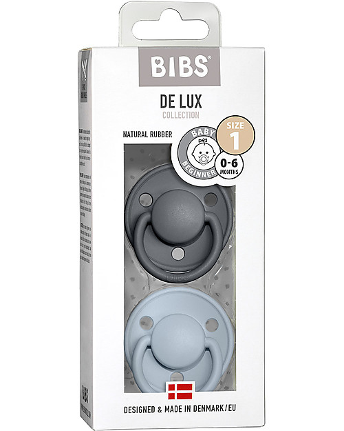 BIBS Ciuccio De Lux - Tettarella Ciliegia in Gomma Naturale - Iron e Baby Blue - Senza PBA, PVC e Flatati Ciucci