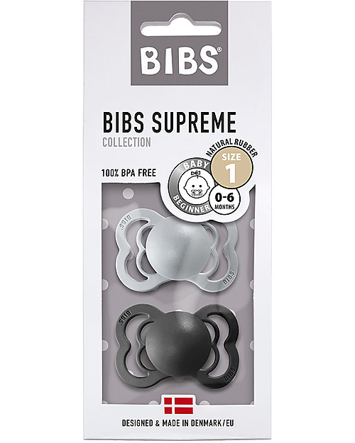 BIBS Ciuccio Supreme - Tettarella Simmetrica in Gomma Naturale - Cloud e Nero - Senza PBA, PVC e Flatati Ciucci