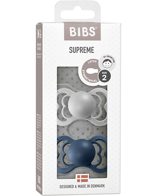 BIBS Ciuccio Supreme - Tettarella Simmetrica in Gomma Naturale - Cloud e Steel Blue - Senza PBA, PVC e Flatati Ciucci