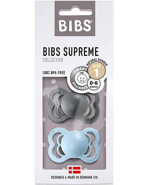 BIBS Ciuccio Supreme - Tettarella Simmetrica in Gomma Naturale - Iron e Baby Blue - Senza PBA, PVC e Flatati Ciucci