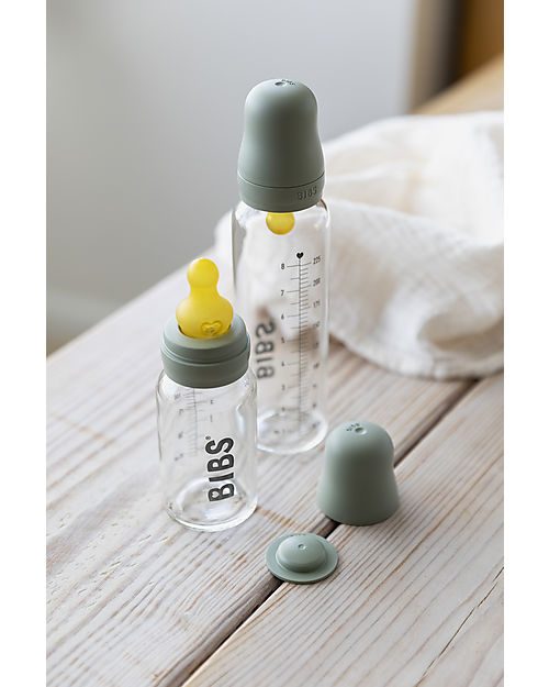 BIBS Set Completo Biberon in Vetro -Verde Salvia - 225ml Riciclabile e Lavabile in Lavastoviglie! - Nuovo Design Biberon_