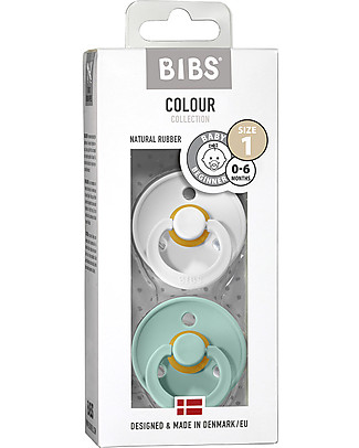 Bibs Set di 2 Ciucci Bibs Colour - Bianco/Menta - Tettarella in Gomma Naturale - Made in Denmark - con Mascherina Rotonda e Leggera - Senza BPA, PVC e Ftalati Ciucci