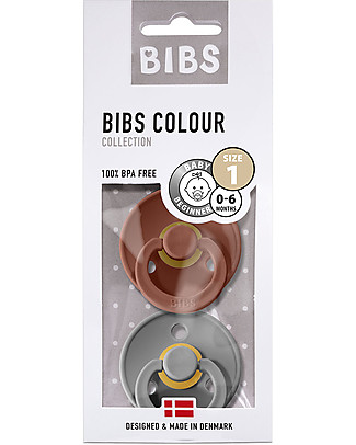 Bibs Set di 2 Ciucci Bibs Colour - Marrone e Grigio - Tettarella in Gomma Naturale - Made in Denmark - con Mascherina Rotonda e Tettarella - Senza BPA, PVC e Ftalati Ciucci