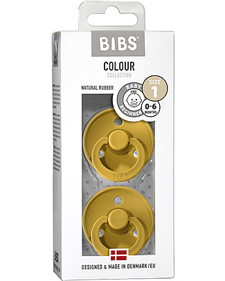 Bibs Set di 2 Ciucci Bibs Colour - Mostarda - Tettarella in Gomma Naturale - Made in Denmark - con Mascherina Rotonda e Leggera - Senza BPA, PVC e Ftalati Ciucci