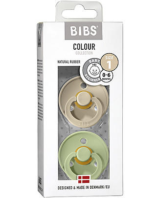 Bibs Set di 2 Ciucci Bibs Colour - Sabbia/Pistacchio - Tettarella in Gomma Naturale - Made in Denmark - con Mascherina Rotonda e Leggera - Senza BPA, PVC e Ftalati Ciucci