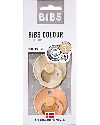 Bibs Set di 2 Ciucci Bibs Colour - Vaniglia e Pesca - Tettarella in Gomma Naturale - Made in Denmark - con Mascherina Rotonda e Tettarella - Senza BPA, PVC e Ftalati Ciucci