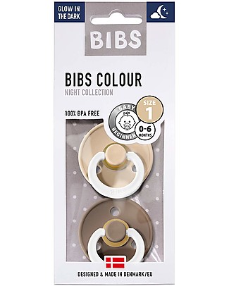 Bibs Set di 2 Ciucci Bibs Notte - Nocciola e Vaniglia - Tettarella in Gomma Naturale - Made in Denmark - con Mascherina Rotonda e Tettarella - Senza BPA, PVC e Ftalati Ciucci