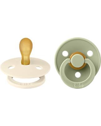 BIBS Set di 2 Ciucci Colour - Avorio e Salvia - Tettarella in Gomma Naturale - con Mascherina Rotonda e Leggera - Senza BPA, PVC e Ftalati Ciucci