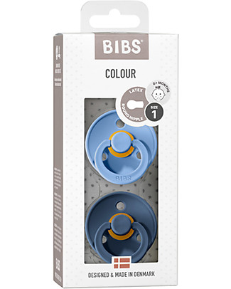 Bibs Set di 2 Ciucci Colour - Blu Cielo e Blu Acciaio - Tettarella in Gomma Naturale - Made in Denmark - con Mascherina Rotonda e Leggera - Senza BPA, PVC e Ftalati Ciucci