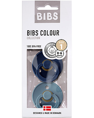 Bibs Set di 2 Ciucci Colour - Blu Scuro e Blu Ghiaccio - Tettarella in Gomma Naturale - Made in Denmark - con Mascherina Rotonda e Tettarella - Senza BPA, PVC e Ftalati Ciucci